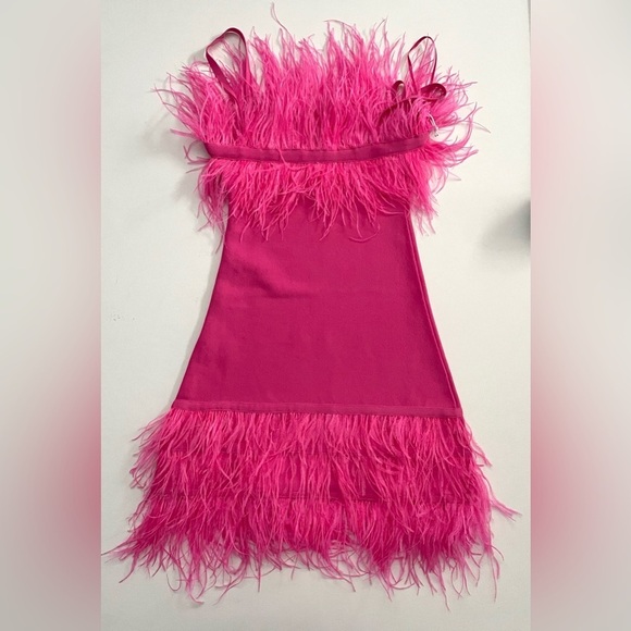 STAUD Etta Dress Feather Trim Stretch Knit Mini Bright Pink Party Festival XS - Picture 13 of 13